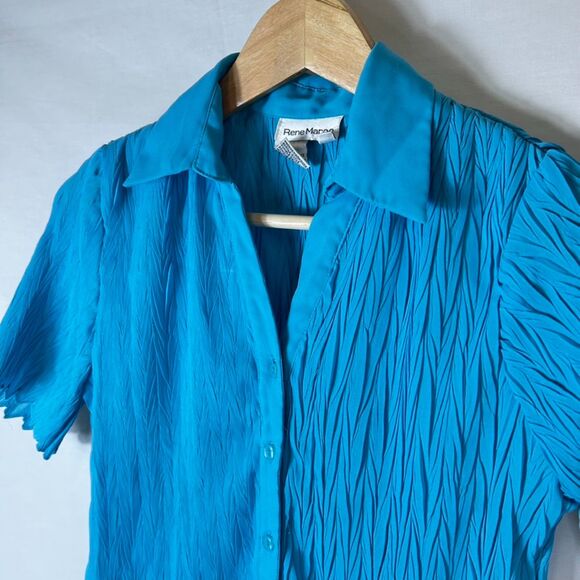 Vintage 90s Rene Margo Turquoise Blue Crinkle Pleated SS Button Down Top Size S - Picture 3 of 11